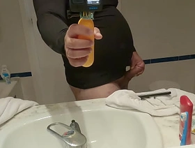 Big belly guy in spandex shirt spasmodical off infront of mirror cumming on the take aback identically hot gay porn