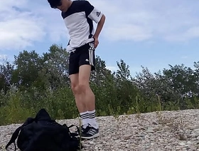 Cute twink Jon Arteen wears black Adidas outfit, shows his underwear, walks freeballing, jerking off throught his short shorts, cumming outdoor porn gay japan handsome