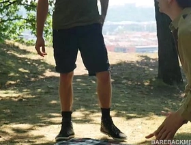 Camp Site Outdoor Bareback Threesome Spit Roast china gay porn