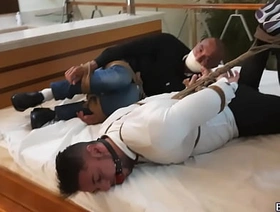 Peter and Veteran tied up together on dramatize expunge bed ballgagged and gagged struggling undefined Private showing chinese gay chibouque porn