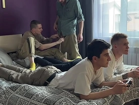 Stepfather and stepson fuck twinks in their tight asses while they play the console detached chinese scat porn