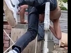 Stretching and Twisting on wrought iron railing in just jeans for Smarting Relief korean soft gay porn
